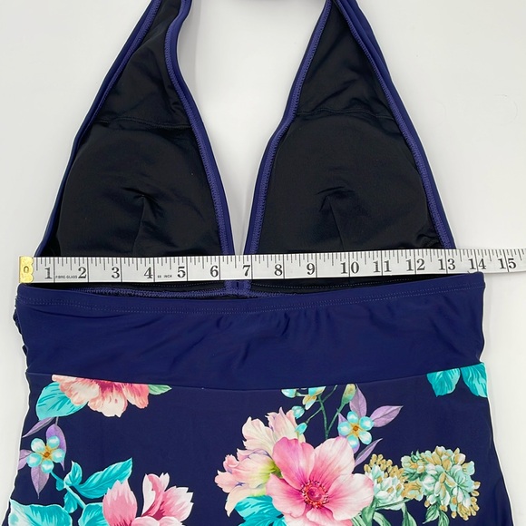 CUPSHE Blue Floral Plunge‎ Halter Tie Neck Tummy Control One-Piece Swimsuit - Picture 10 of 13